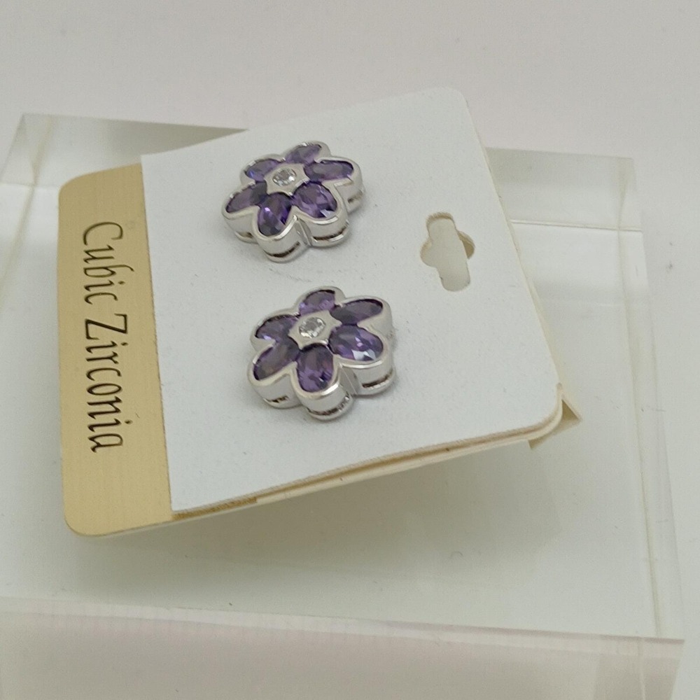 Vintage 1990s Purple Flower Stud Earrings Cubic Zirconia Silver Tone Sim Diamond - Picture 12 of 17